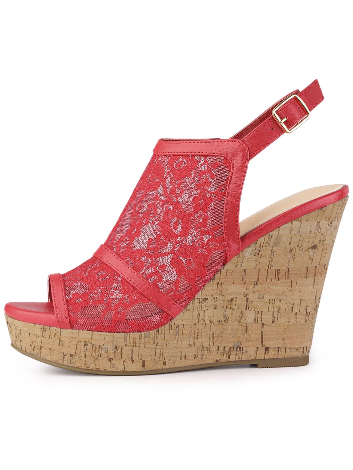 DARING DIVA Women's Open Toe Platform Heel Lace Wedges Sandals Red 10