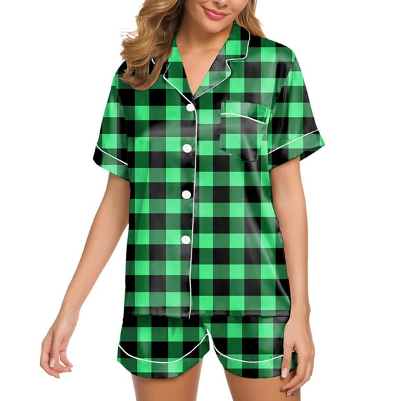 TSADFHJI Plus Size Robes for Women Womens Silk Satin Pajamas Set Two Piece Pj Sets Sleepwear Loungewear Button down Pj Sets L Green