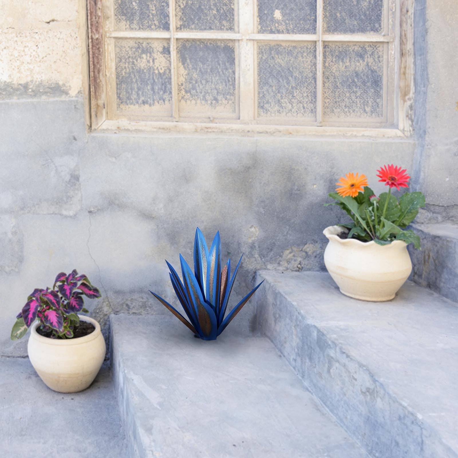 Floleo Tequila Agave Iron Sculpture, 14 Inch Blue Accent Metal Garden Art, Handmade Outdoor Yard Decor, Modern Home Decoration, Unique Gift
