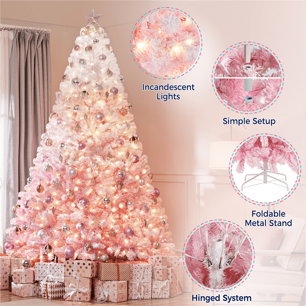 Alden Design 9Ft Pre-lit Flocked Artificial Christmas Tree with Incandescent Warm White Lights, Pink Gradient