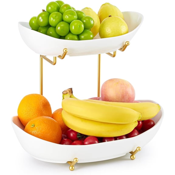 2 Tier Ceramic Fruit Bowl for Kitchen Counter  Tiered Fruit Basket for Countertop  Modern Multi Layer Fruit Display Stand for Party  Cute (Silver-rimmed  Small)