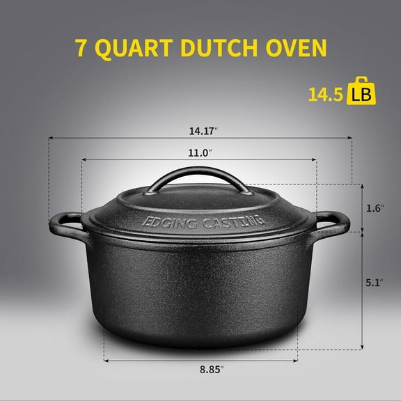 Pre-Seasoned Cast Iron Dutch Oven Pot with Lid, 7 Quart Black Round Cooking Pot for Baking and All Cooking Styles