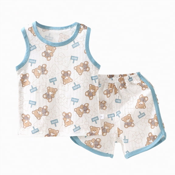 NIEWTR Toddler Baby Summer Clothes Toddler Baby Outfit Newborn Summer Clothes Sleeveless and Shorts 12 18 24 M 1t 2t 3t 4t Summer Set Baby Boy Gift(A01-Light Blue,1-2 Years)
