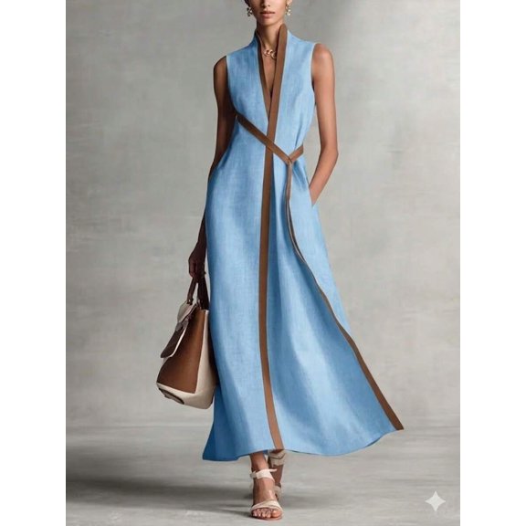 Sky Blue Linen Maxi Dress Sleeveless V-Neck Wrap Waist A-Line Flowy Dress For Summer Work Formal Events