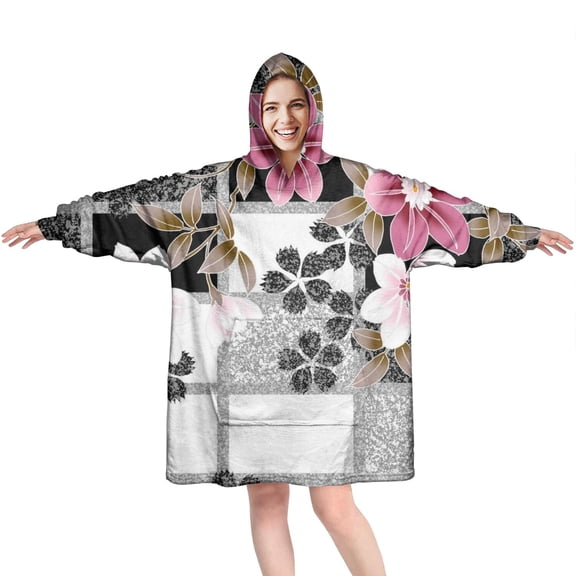 Wearable Oversized Blanket,Pioneer Flower Floral Print Pattern Wearable Blanket Hoodie for Adults,Cozy Hooded Blankets with Super Pockets,Super Warm Fuzzy Pullover for Women & Men