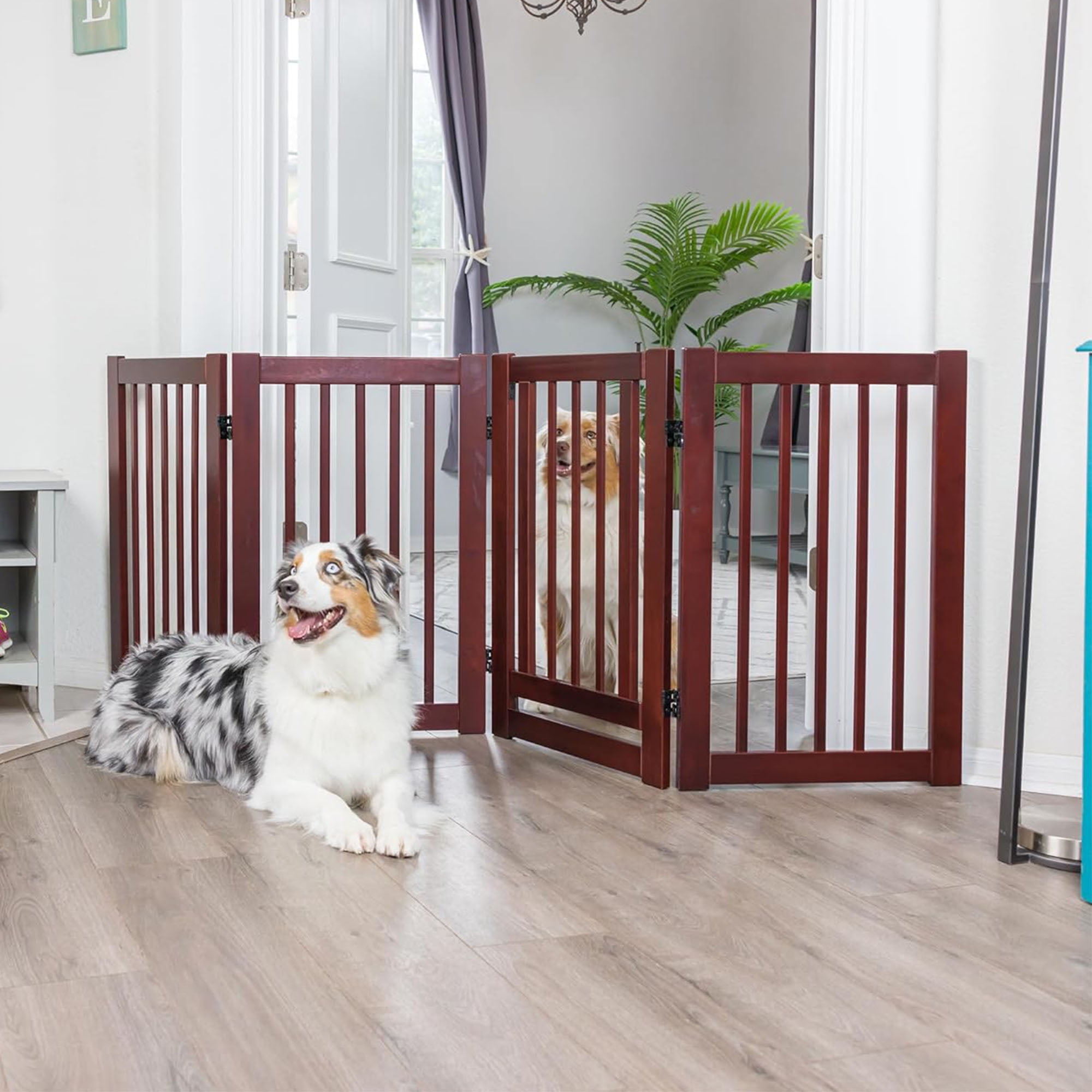 Demi Bonn 30"H 4 Panel Wood Folding Fence Freestanding Pet Gate, Stairs Step Over Divider for Dogs and Puppies, Brown