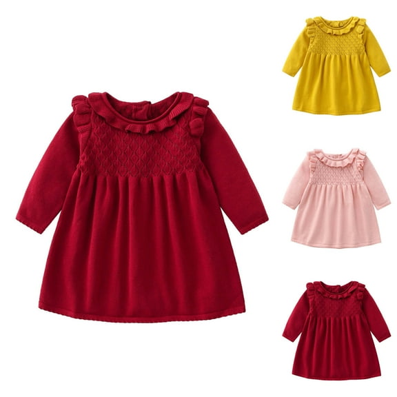 QNANSPI Girls Long Sleeve Dress,Knit Dress for Girls,Sweater Knit Ruffle Collar Solid Color Long Sleeve Dress A Line Girls Dress