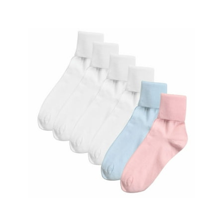 Women's Buster Brown 100% Cotton Fold Over Socks - 6 Pair Pack Assorted Colors