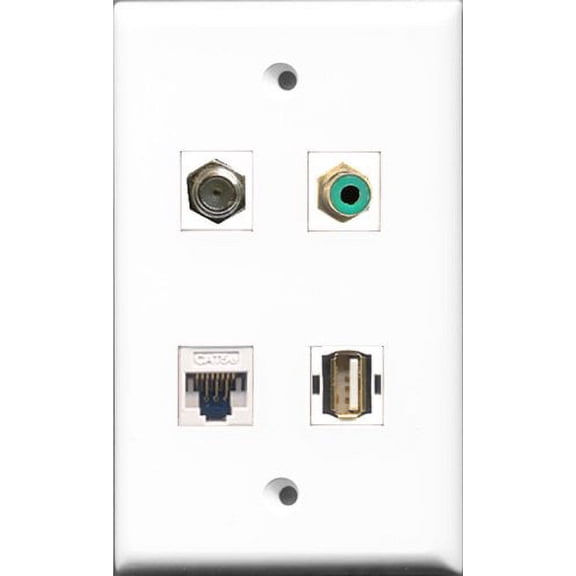 RiteAV 1 Port RCA Green and 1 Port Coax Cable TV- F-Type and 1 Port USB A-A and 1 Port Cat5e Ethernet White Wall Plate