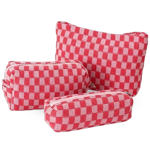 3-Piece Checkered Makeup Bag Set, Polyester Cosmetic Pouches, Versatile Travel Toiletry, Pencil Case Organizers