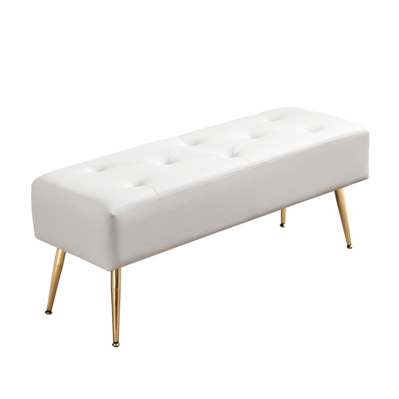 Modern Upholstered Bedroom Bench, 44.75" Tufted Ottoman Bench with Gold Metal Legs, End of Bed Bench, Entryway Shoe Bench, Narrow Space Accent Seating, 285 lbs Capacity,PU,White