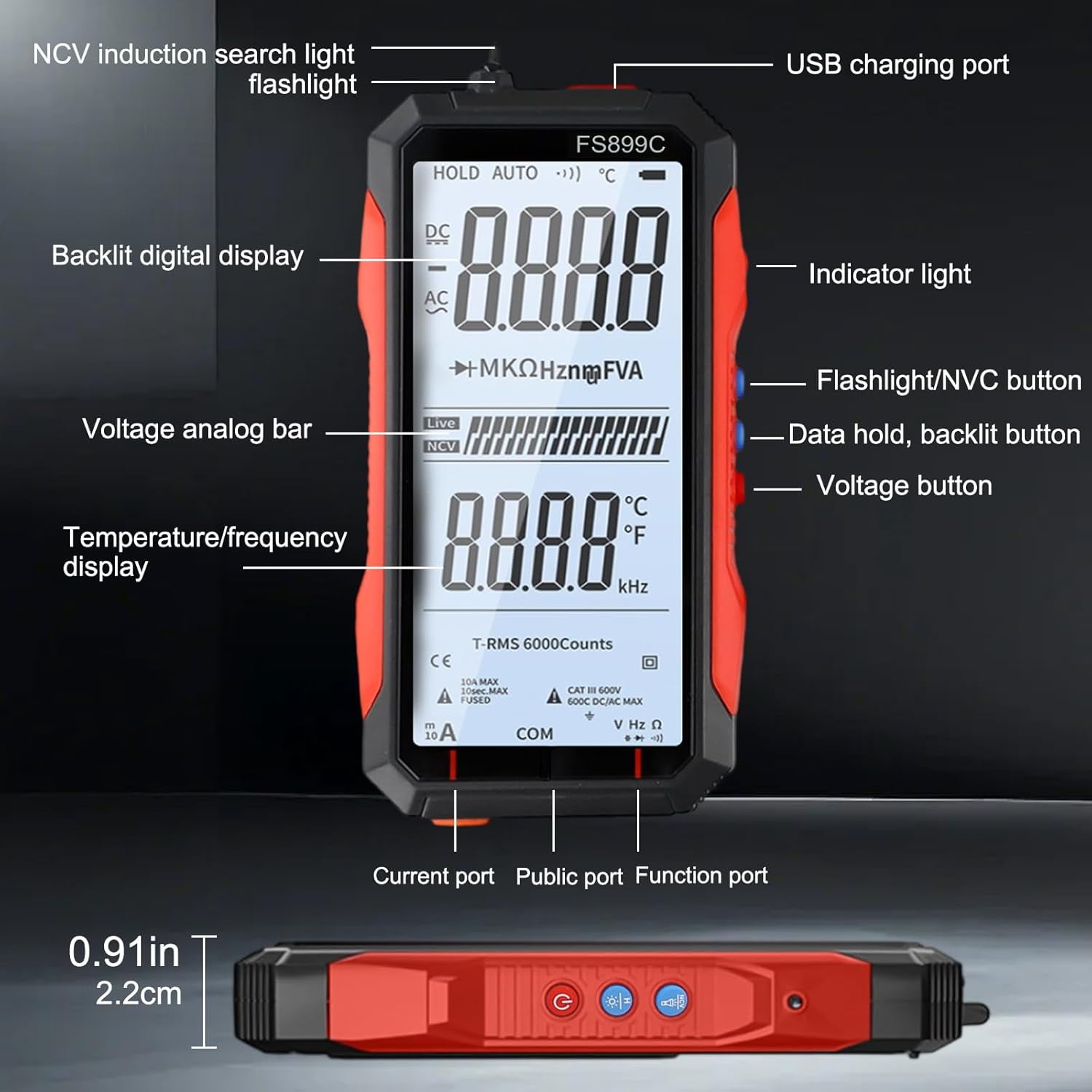 FS899L Digital Multimeter with Color Screen & Storage Case, USB C Rechargeable Electrical Testing, 6000 Counts True RMS AC/DC Voltage Tester, NCV, Capacitance, Non Contact Voltage Detector