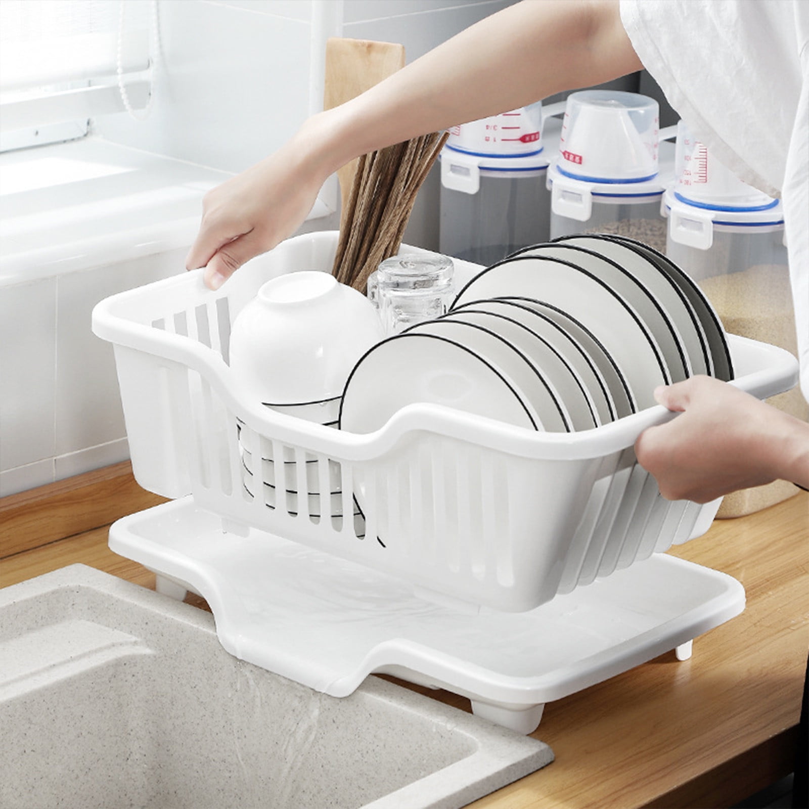 Dish Drying Rack With Drainboard, Dish Drainers For Kitchen Counter With Sink Spout Dish Strainers With Utensil, 2-Piece Large Dishrack Set, Rust-Resistant With Removable Flatware Holder