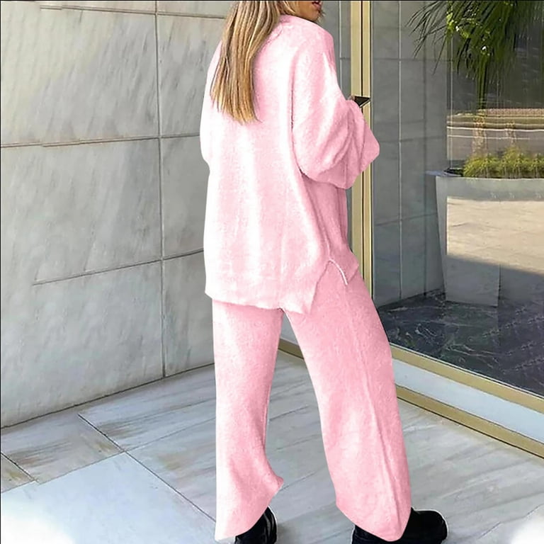 QLEICOM Women's 2 Piece Outfits Casual V Neck Knit Wide Leg Sweater Lounge  Set Sweatsuit Long Sleeve Solid Color Tops Warm Pajama Sets Pink L, US Size