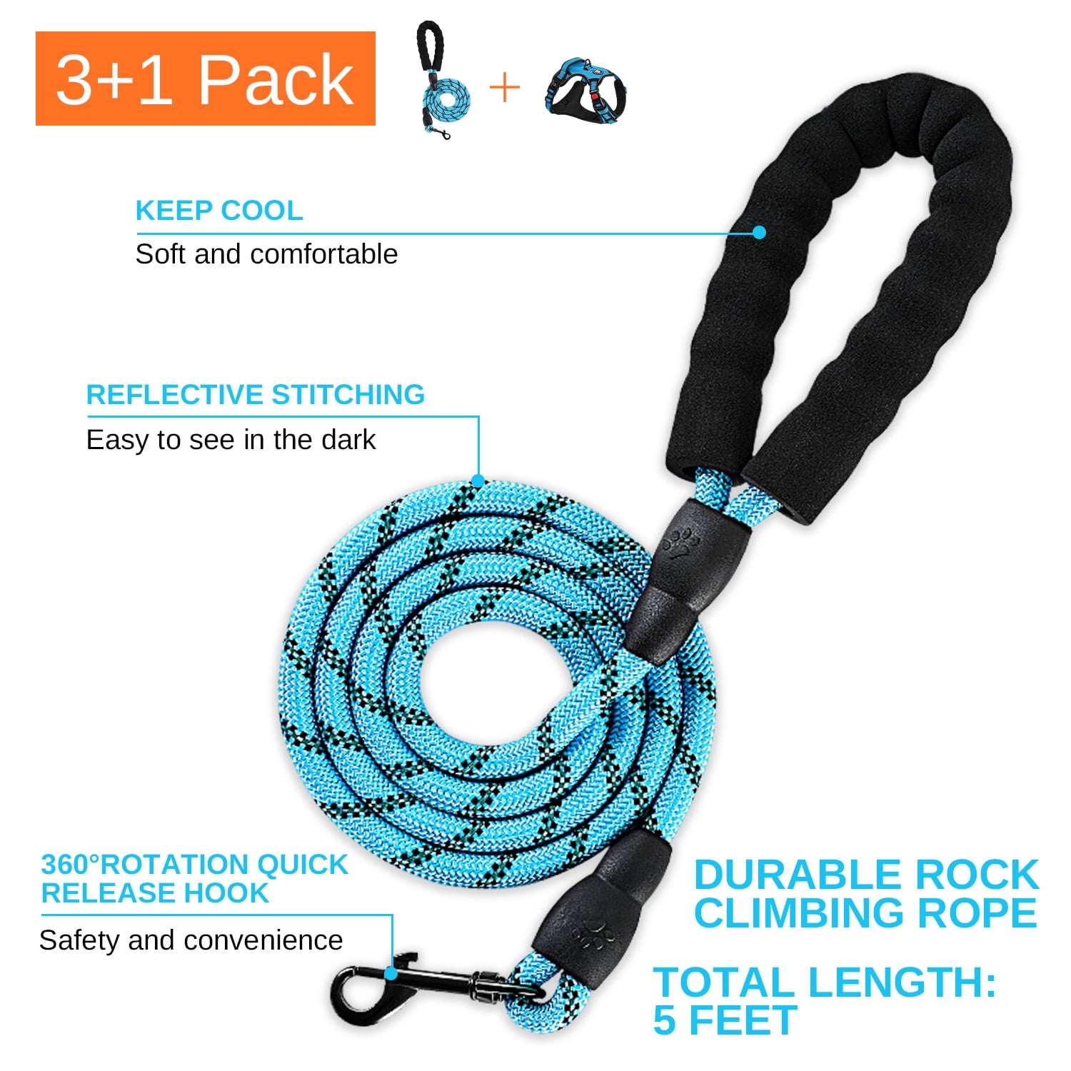 Hidpriva No Pull Dog Harness Leash Set , Reflective Dog Vest with Easy Control Handle, Adjustable Pet Harness for Large Dogs, Blue, L