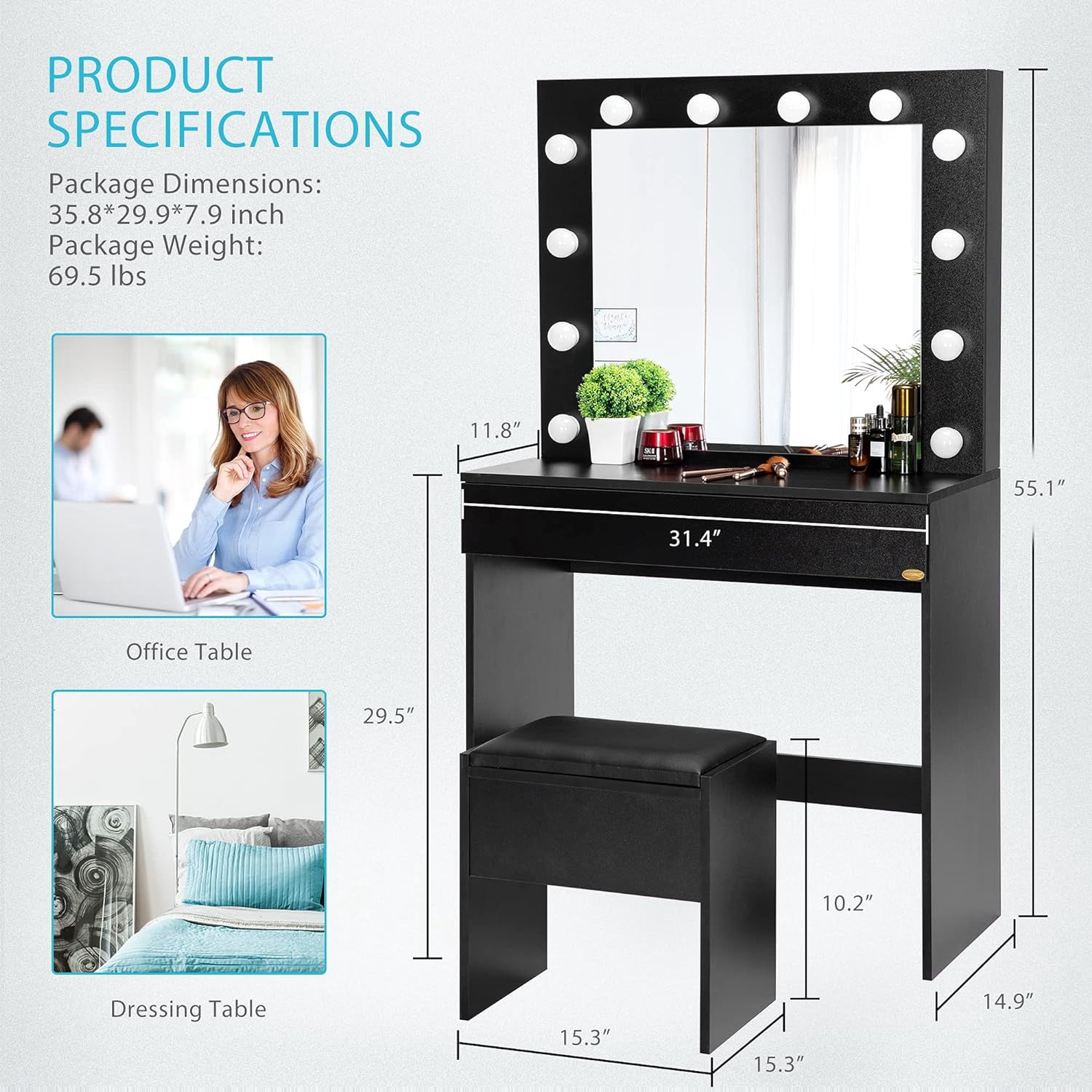 SPECSTAR Makeup Vanity Set with 12 Light Bulbs, Makeup Dressing Table with Lighted Mirror and Large Drawer, Black