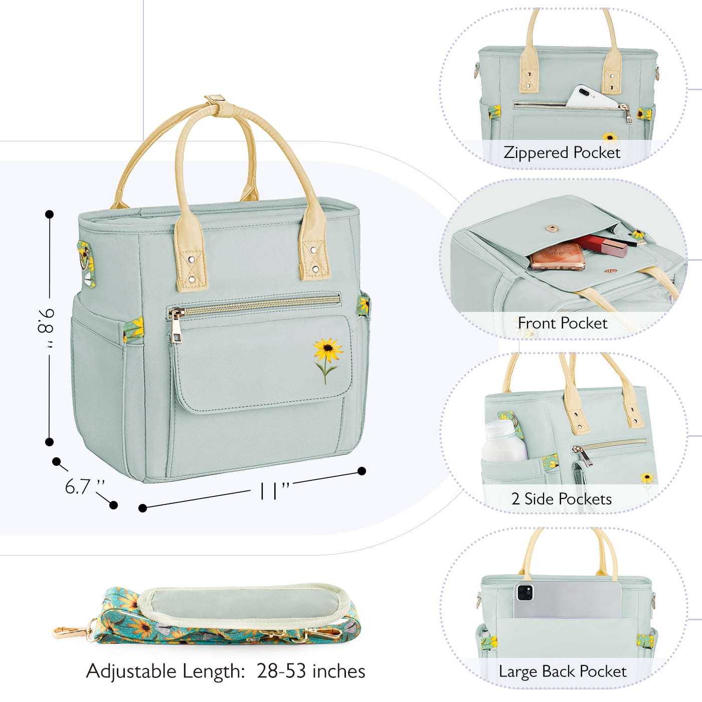 Deluxe Large Insulated Lunch Bag Box Women - Leakproof Waterproof Cooler with Multi Pockets Removable Strap for Work Picnic - Teacher Mothers Day Christmas Birthday Gifts