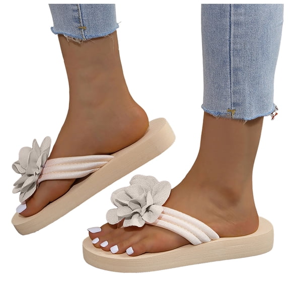 Women's Floral Platform Flip Flops Comfortable Slip On Summer Beach Sandals Lightweight Non Slip Tong Sandal White Size 6.5