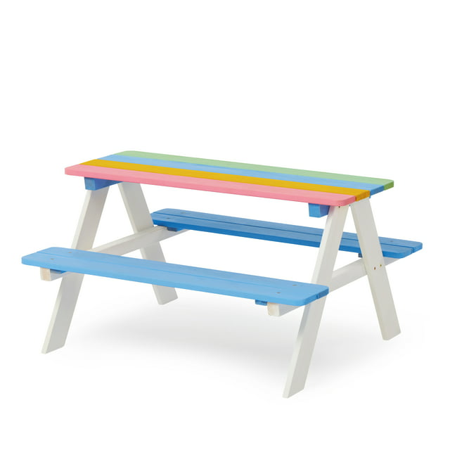 D-road Outdoor Kids Picnic Table & Bench Set, Cedar Wood, Rainbow Color