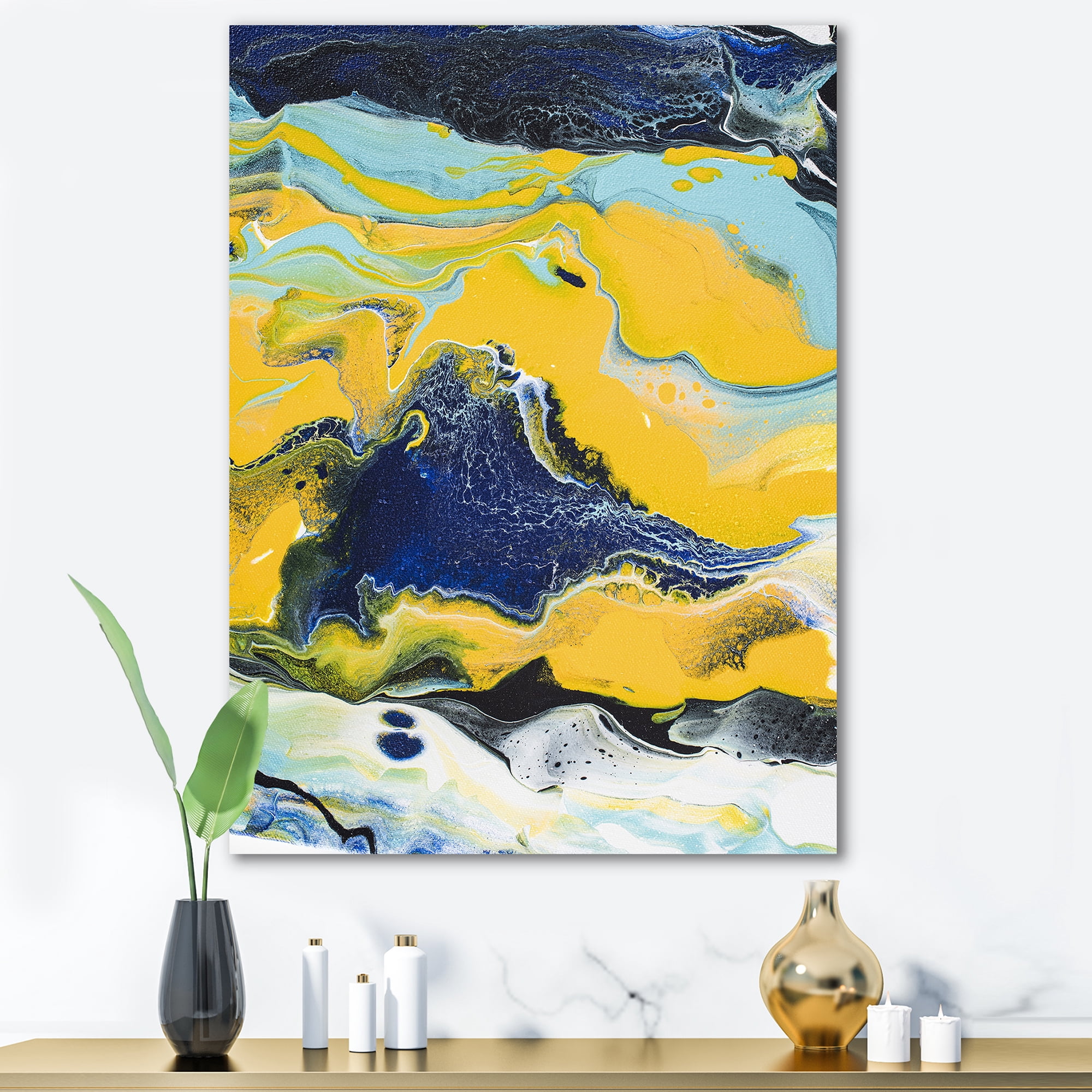 Designart ' Abstract Marble Composition In Blue and Yellow I ' Modern Canvas Wall Art Print
