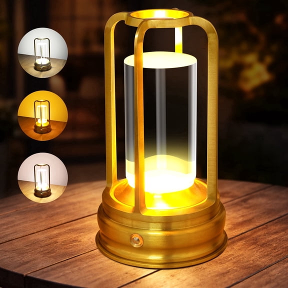 Cordless Desk Lamp - Rechargeable LED Light with 2000mAh Battery, 3 Colors Stepless Dimming & Touch Control, Portable Light for Indoor Outdoor, Bedroom, Restaurant, Bar, Patio, Camping, Gold