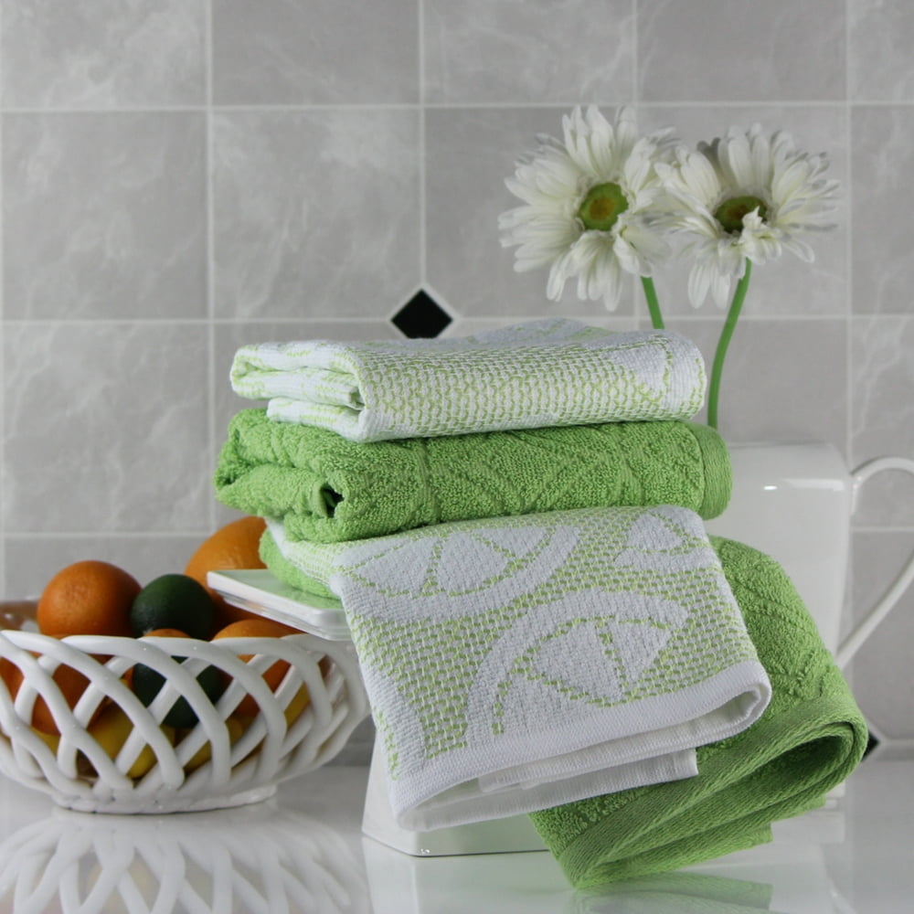Freshee with Intellifresh Technology, 4 Pack, Kitchen Towel Set, Green Jacquard/Sculpted