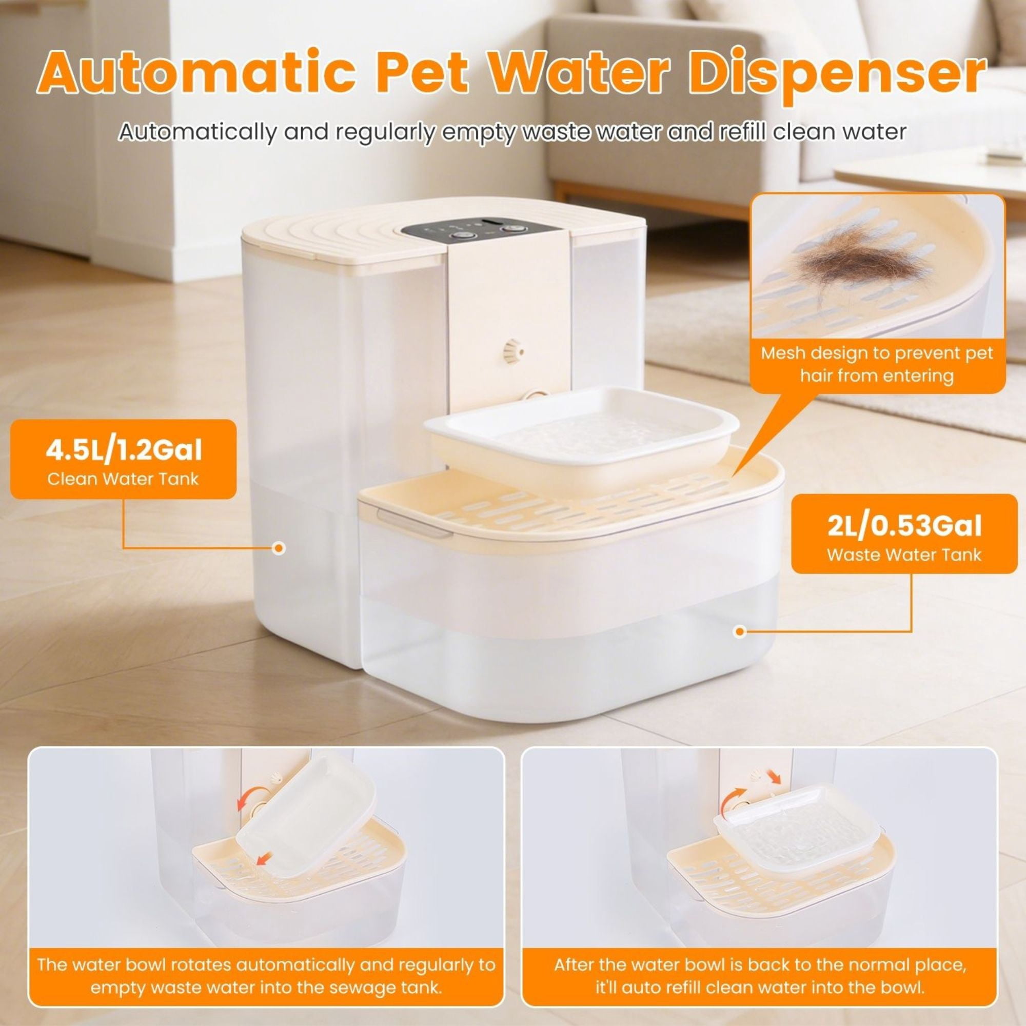 Cordless Pet Water Fountain, 4.5L Large Dual Tank Automatic Dog & Cat Dispenser