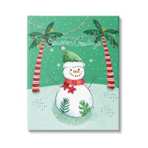 Season's Greetings Tropical Striped Palm Trees Snowman Landscape Graphic Art Gallery-Wrapped Canvas Print Wall Art