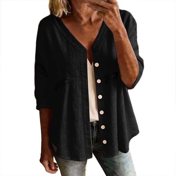 Stamzod Cardigan for Women Casual Cotton Linen Button Up Shirt Jacket Plus Size 3/4 Length Sleeve Womens Tops Black XXL