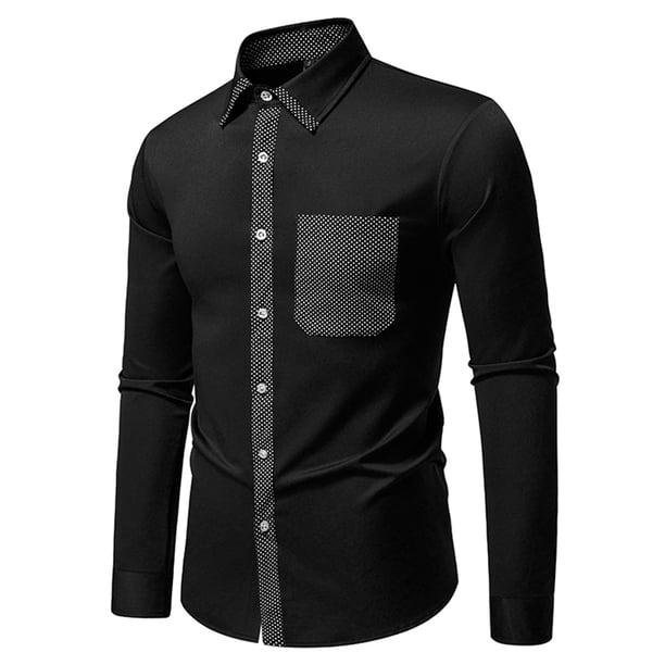 Blusa y camisa de manga larga con cuello vuelto para hombre, informal, a la moda, con estampado liso, botones, manga larga, cuello vuelto, blusa de poliéster para hombre