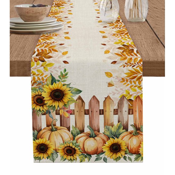 ERUNPONLY Pumpkin Sunflowers Fall Table Runner - 72 Inch Long Thanksgiving Fence Eucalyptus Beige Cotton Linen Blended Dress Scarves Farmhouse Table Runner for Kitchen Dining, Coffee Table, 16"x72"