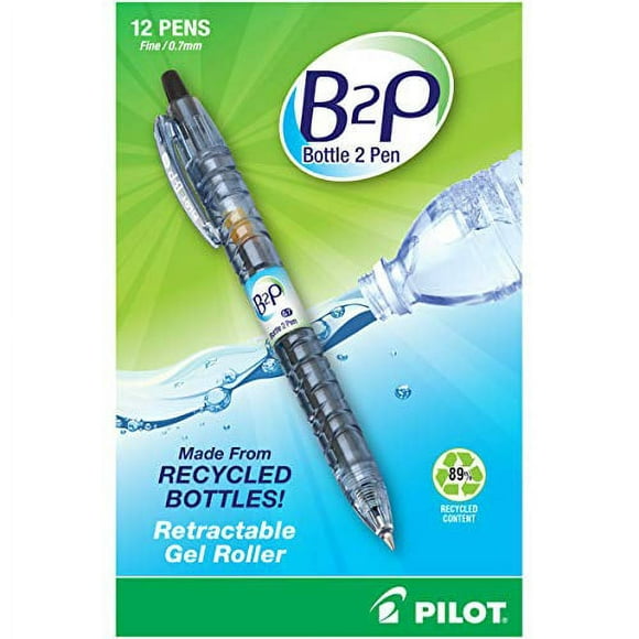PILOT B2P - Bottle to Pen Refillable & Retractable Rolling Ball Gel Pen Made From Recycled Bottles, Fine Point, Black G2 Ink, 12-Pack (31600)