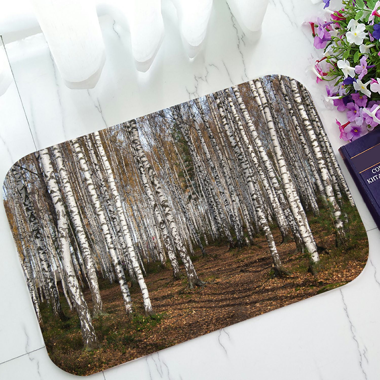 PHFZK Autumn Landscape Doormat, Woodland Forest with Birch Tree Trunks