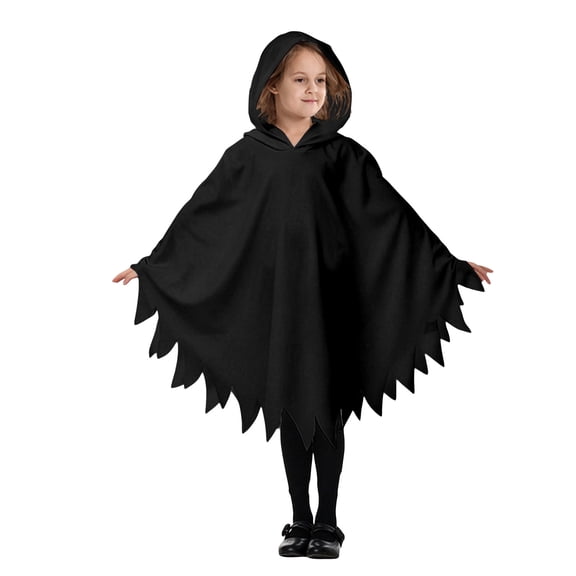 Yuncity Kids Halloween Cape Ghost Print Hooded Sleeveless Cloak Cozy Lightweight Fall Winter Poncho Holiday Party Stage Performance Black