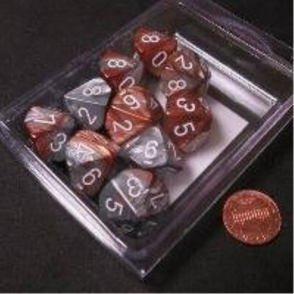 chessex dice sets: gemini copper & steel with white - ten sided die d10 set (10)