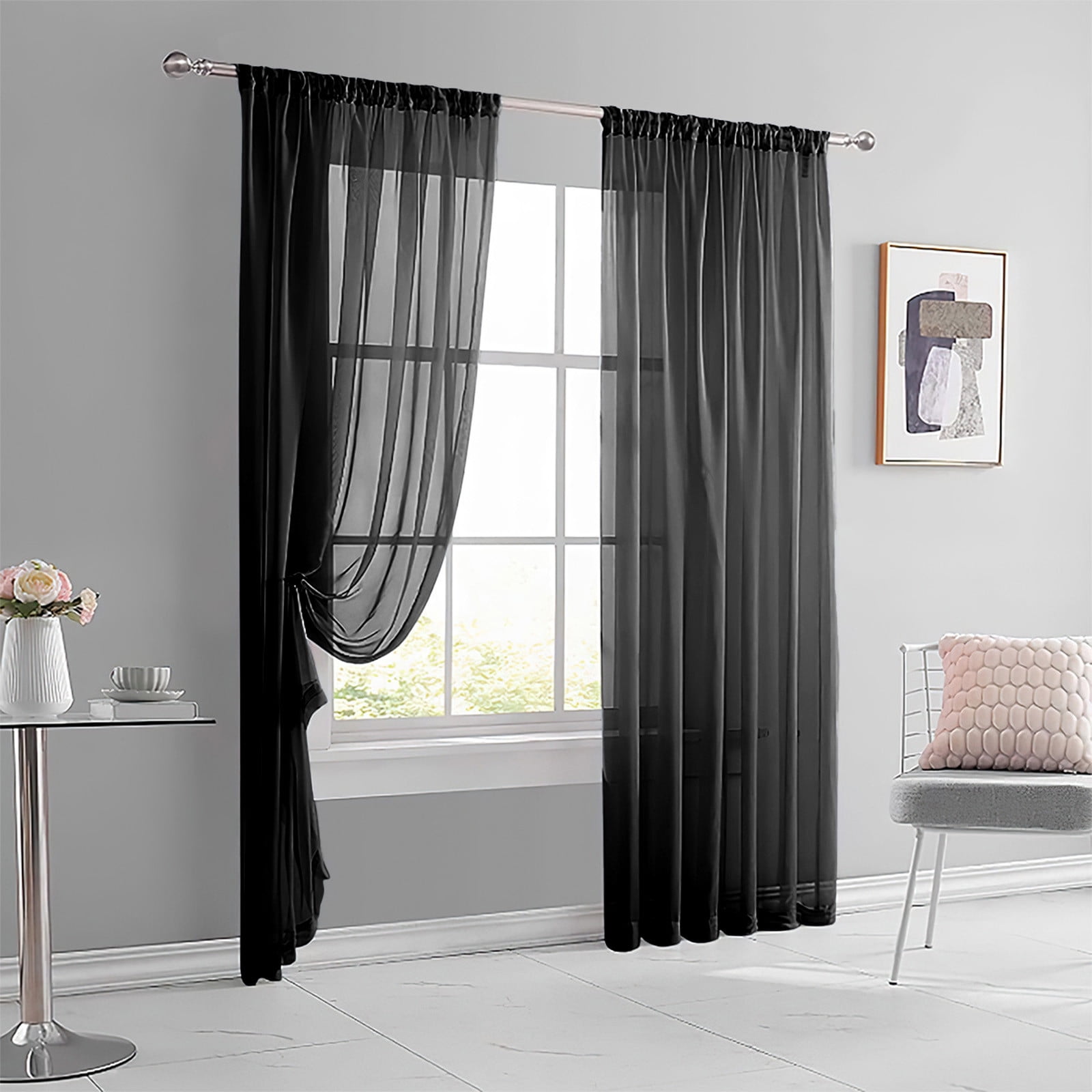 Basic Rod Pocket Sheer Voile Window Curtain Panels, Single-Panel, Kitchen Bedroom Children Living Room Yard (Black)