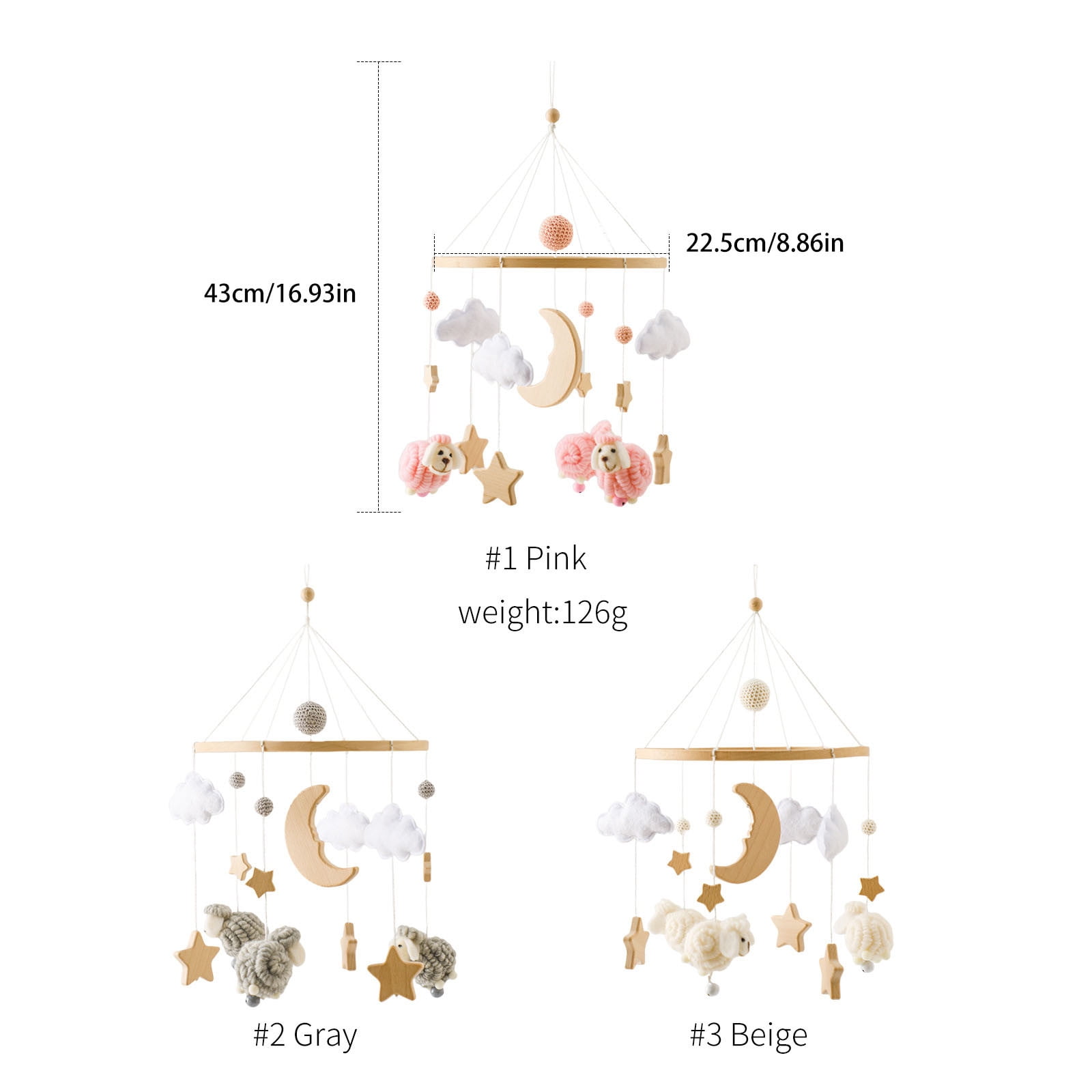Hangs Baby Crib Mobile Boho Nursery with Clouds Moon Pendant Toy Wooden Wind Chime Bed Mobile for Boys and Girls