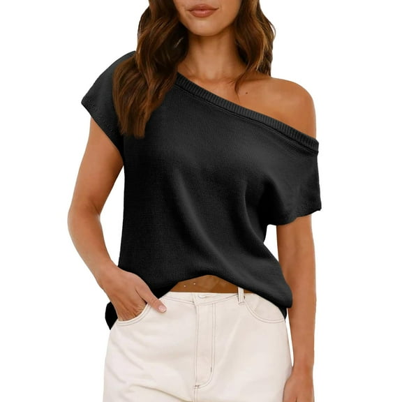 Cqxid525 Clothing Womens Tops Womens One Shoulder Sweater Tops Summer Short Sleeve Casual Loose Knit Trendy Going Out Tops 2025 Trendy T Shirts Summer Clothes
