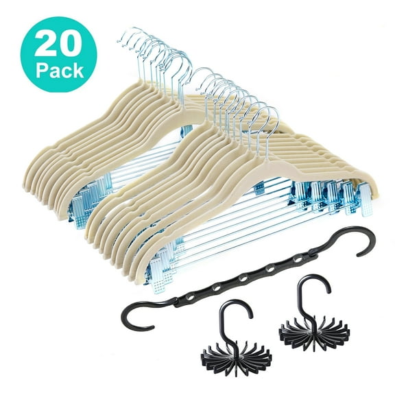 VECELO 20-Pack Velvet Clothes Hangers, 16.5in Heavy-Duty Hangers with Adjustable Clips, Non-Slip, Space-Saving, Beige