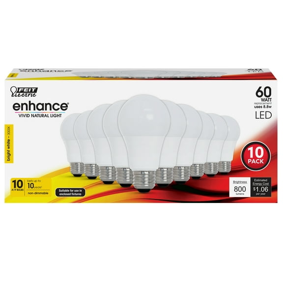 Feit Electric Enhance LED 8.8 Watt (60 Watt equivalent) Bright White, A19, E26, Non-Dimmable (10 Pack)