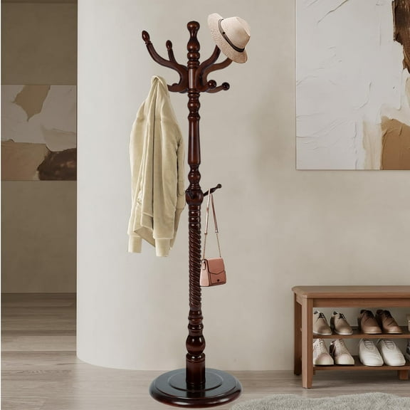 Coat Rack Freestanding, Hall Tree with 11 Hooks, Heavy Duty Wooden Coat Tree Stand, Adjustable Height, Sturdy Base for Bedroom Hallway Office - Load 270lbs