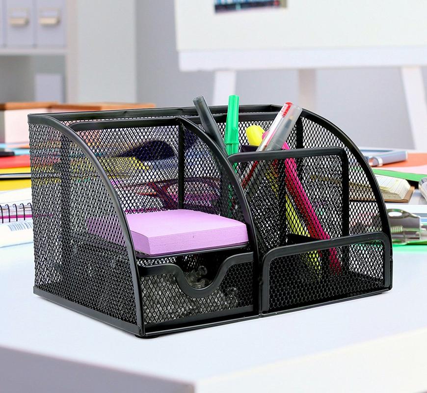 Greenco Mesh Office Supplies Desk Organizer Caddy 6 Compartments Black 9167