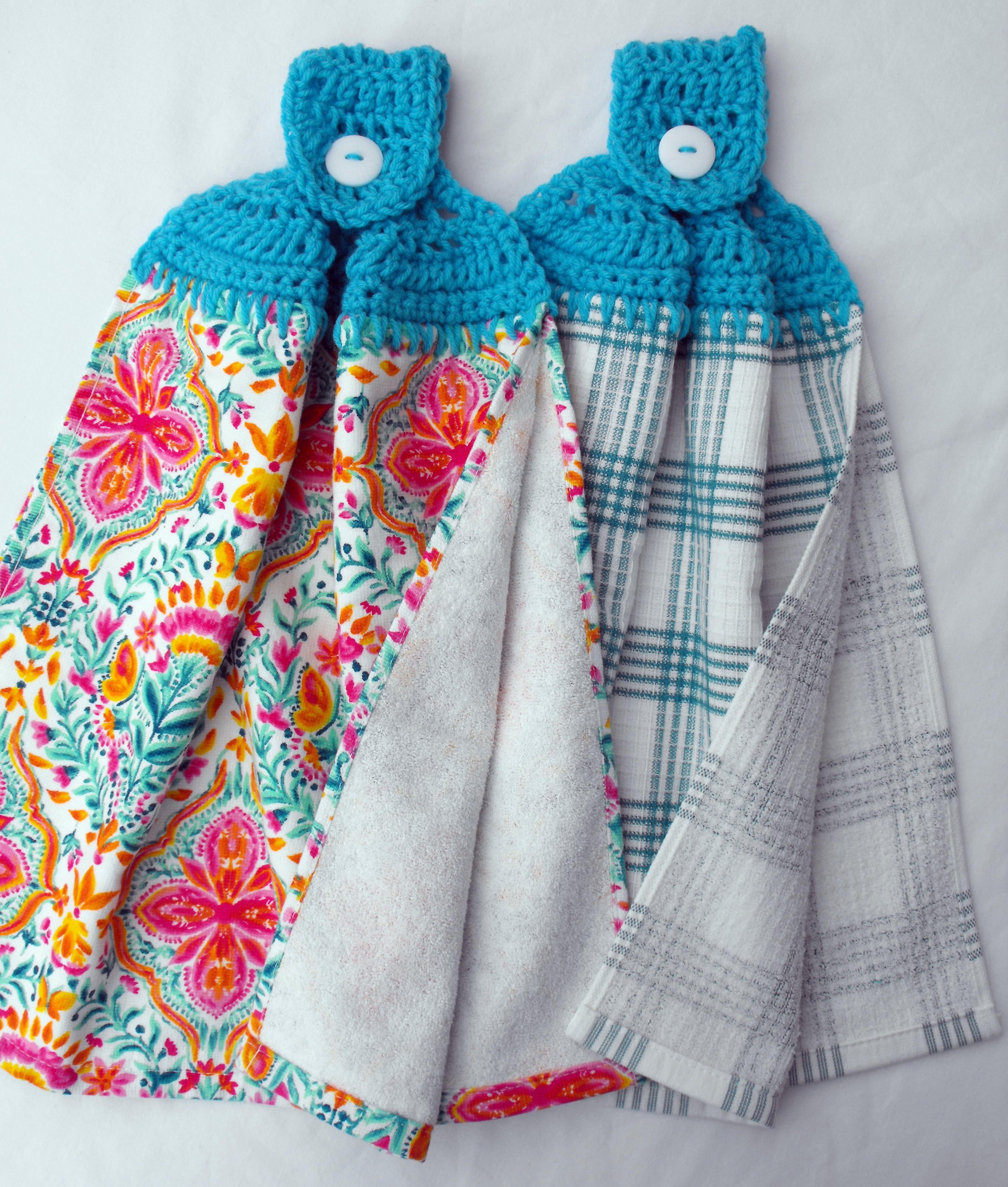 PIONEER FOLK GEO - 2 DOUBLE/FULL HANDMADE CROCHET TOP HANGING KITCHEN TOWEL - TURQUOISE TOPPER