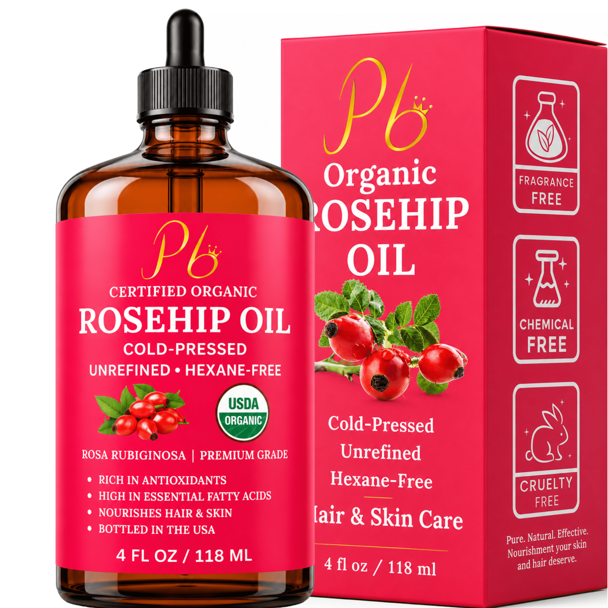 Pomberries USDA Organic Rosehip Seed Oil, 4 fl oz – 100% Pure Cold-Pressed Unrefined Face & Hair Oil