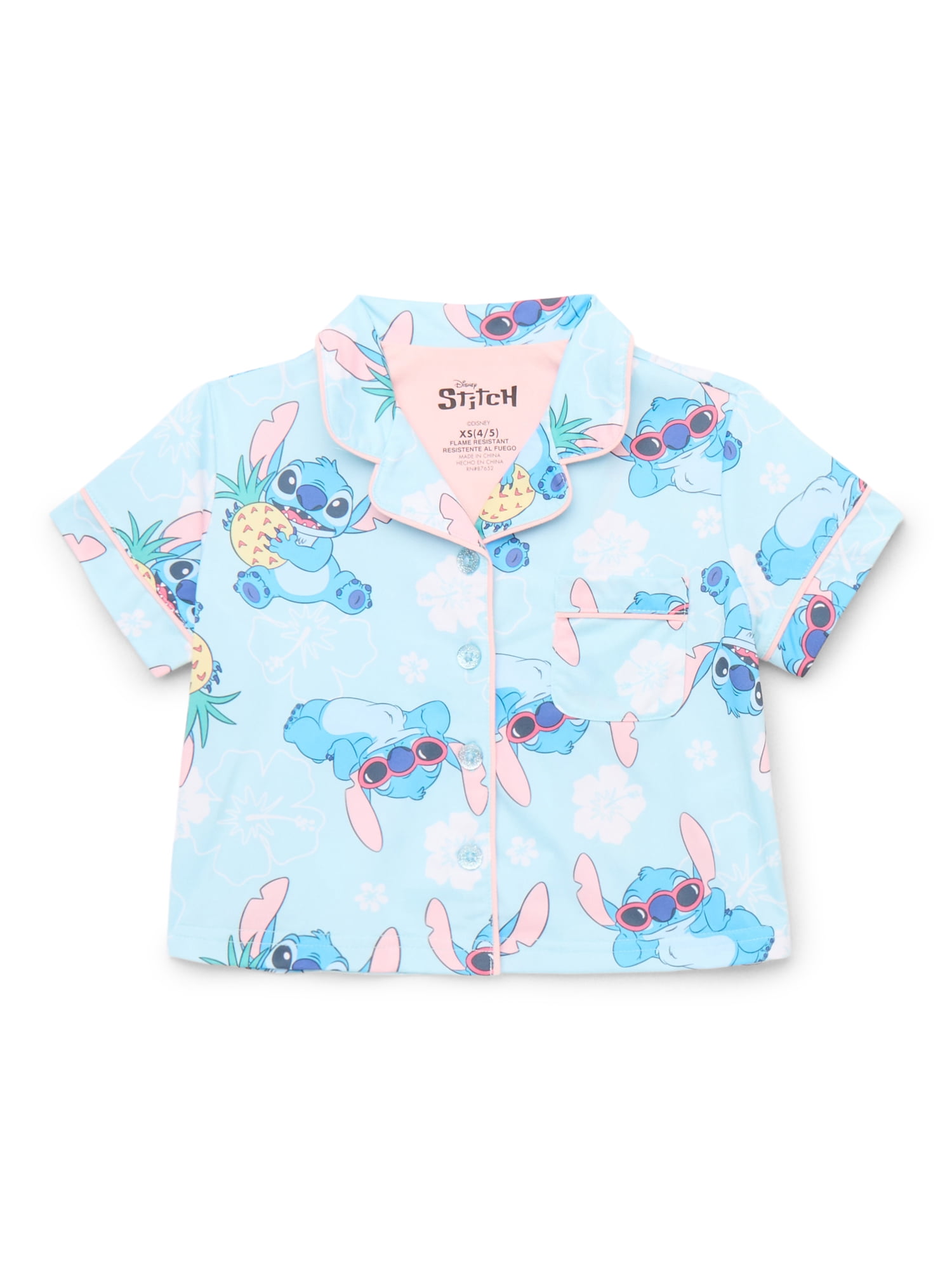 Stitch Girls Button Front Top and Shorts Pajama Set, 2-Piece, Sizes 4-12