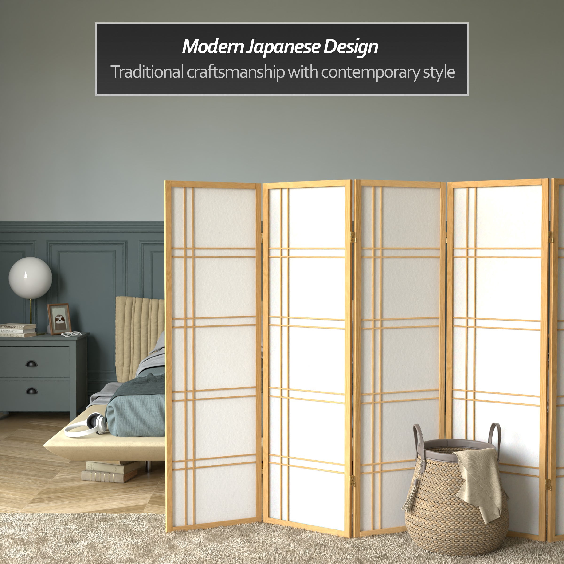 5 ft. Tall Natural Japanese Shoji Screen Divider with Double Cross Lattice, 6 Panels, Standing Mount