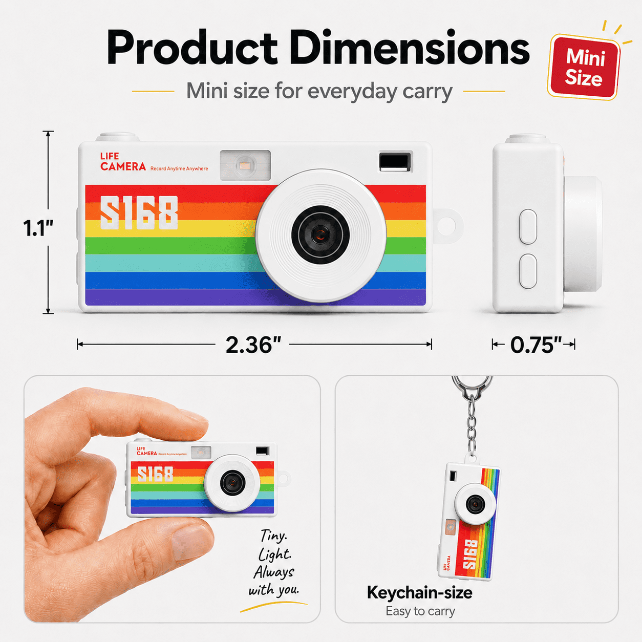 S168 Mini Digital Camera, 1440P HD Portable Keychain Design with 16GB Card, 7 Filters, Built-in Light, Usb-C Cable, White