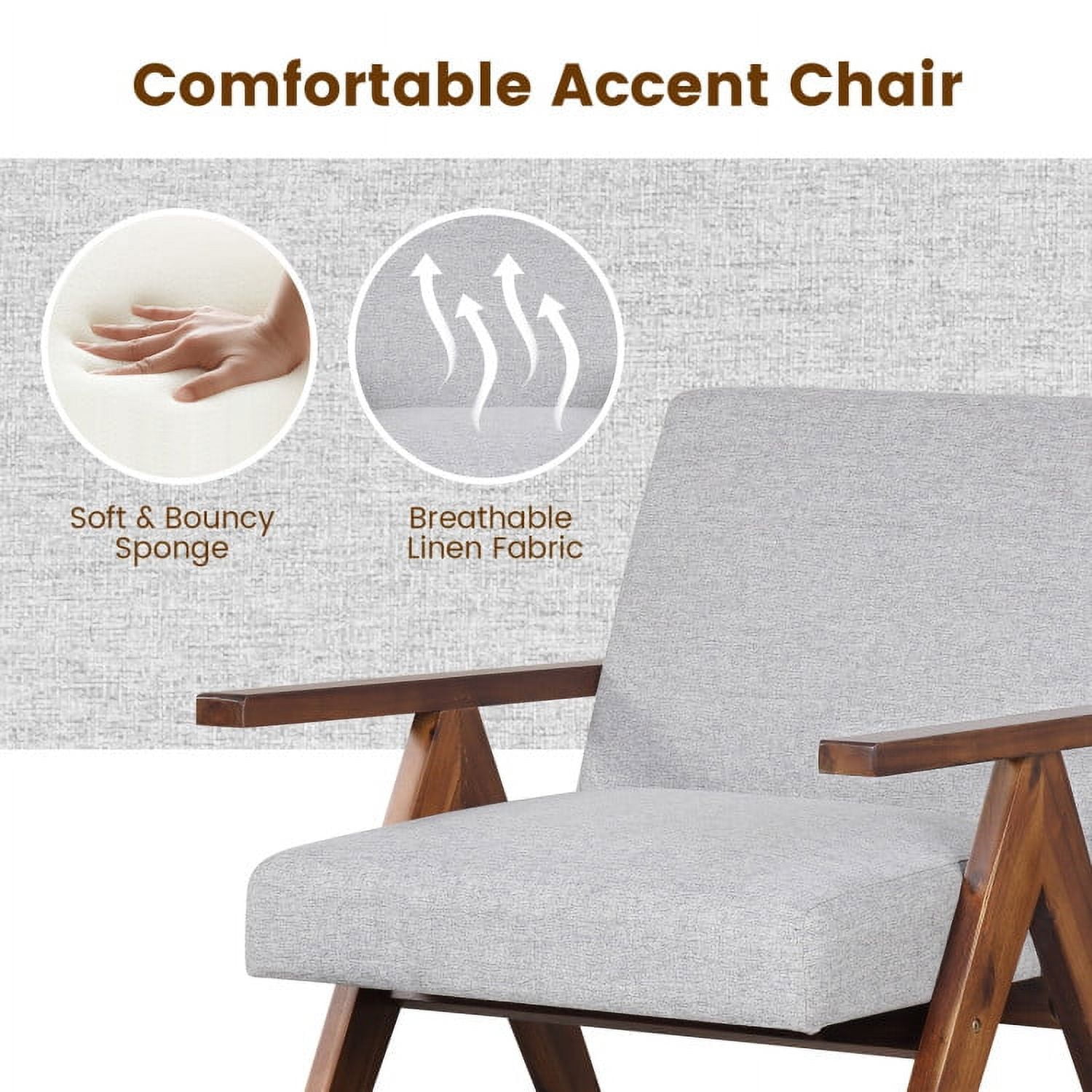 Finihen Accent Chair, Upholstered Accent Armchair, Modern Accent Chair, Linen Fabric Armchair with Solid Acacia Wood Frame, for Living Room, Bedroom, Reception Room, Gray Finihen Accent Chair, Upholstered Accent Armchair, Modern Accent Chair, Linen Fabric Armchair with Solid Acacia Wood Frame, for Living Room, Bedroom, Reception Room, Gray