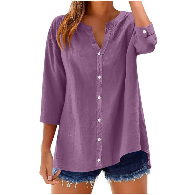 Enjoytime Button Down Shirts for Women Solid Color 3/4 Sleeve Tops and Blouses Casual Business Work Blouses