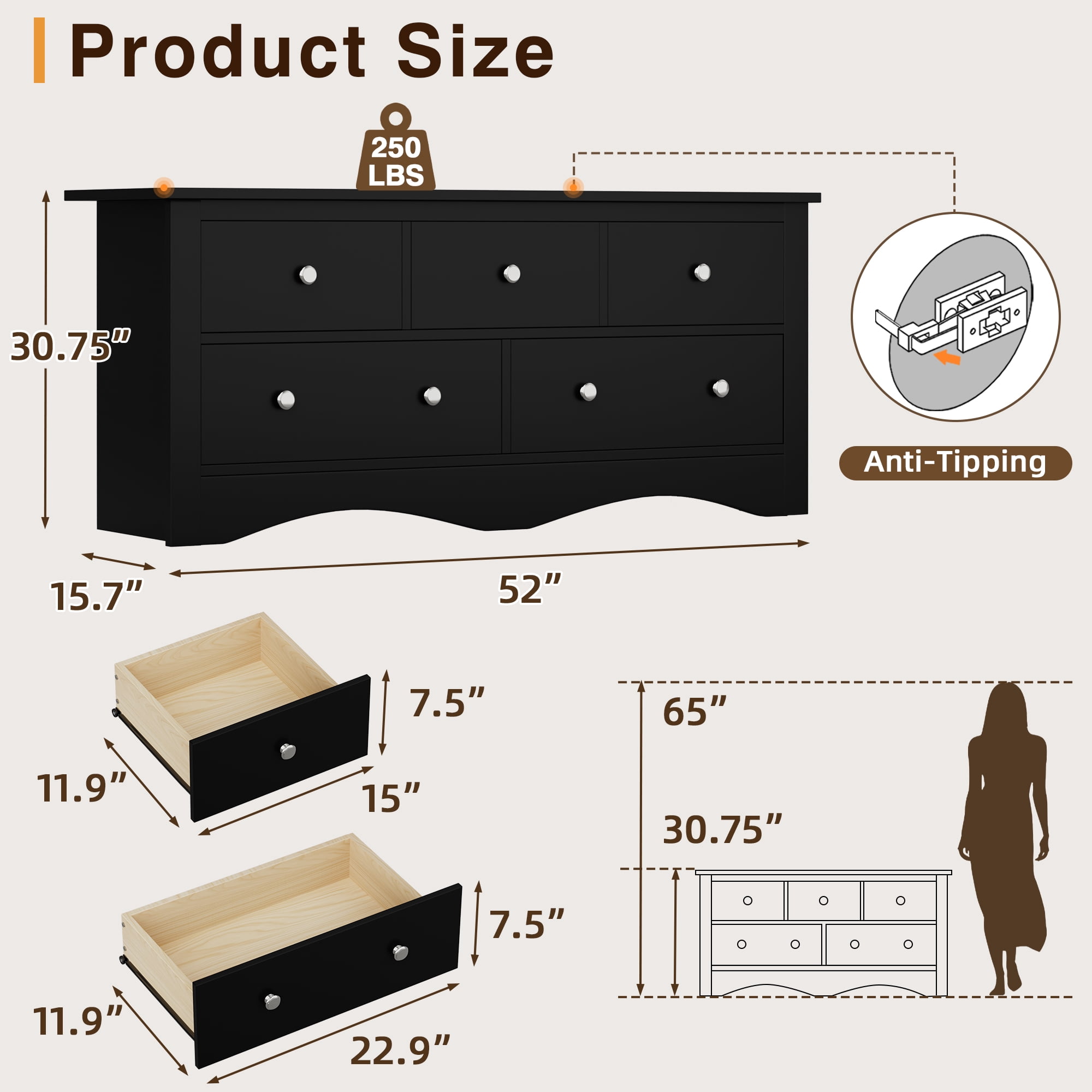 Homall 5 Drawer Double Dresser, Modern Wood Chest of Drawer for Living Room Bedroom,Black